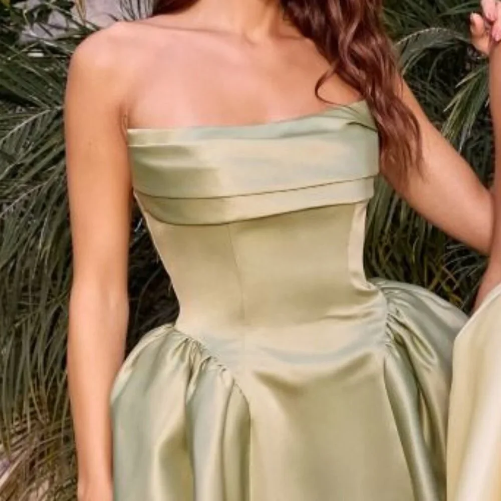 New Strapless Mini A-Line Satin Gown w/ Pleated Bodice & Straight Neck CD KV1133 - Picture 9 of 10